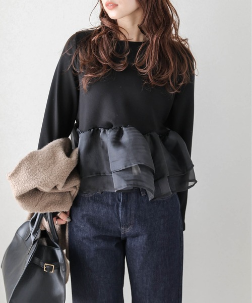 セール】シアーフリルドッキングトップス（Tシャツ/カットソー