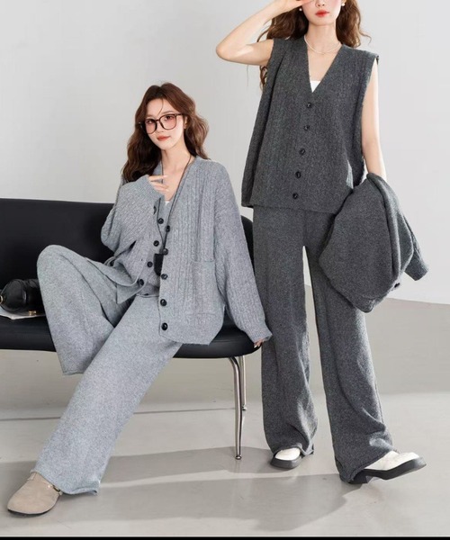 D3 Cozy セットアップ グレーL セール】ニットカーデ＆ジレ＆パンツ3点セットアップ（セットアップ
