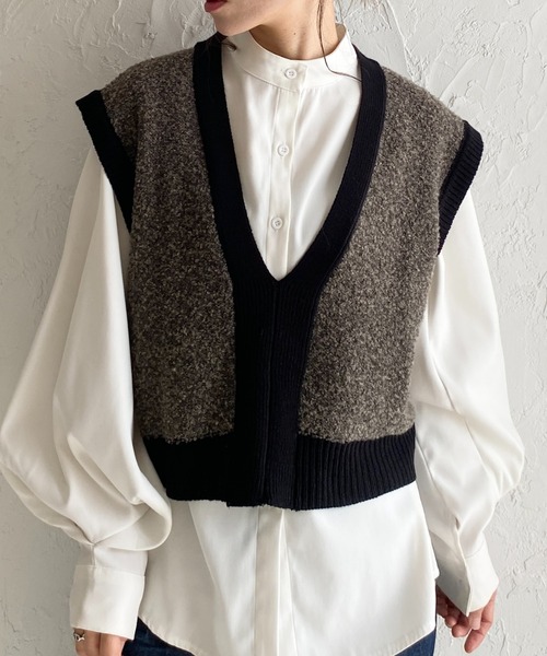 セール】ミックスカラー配色バイカラーループヤーンショート丈深V