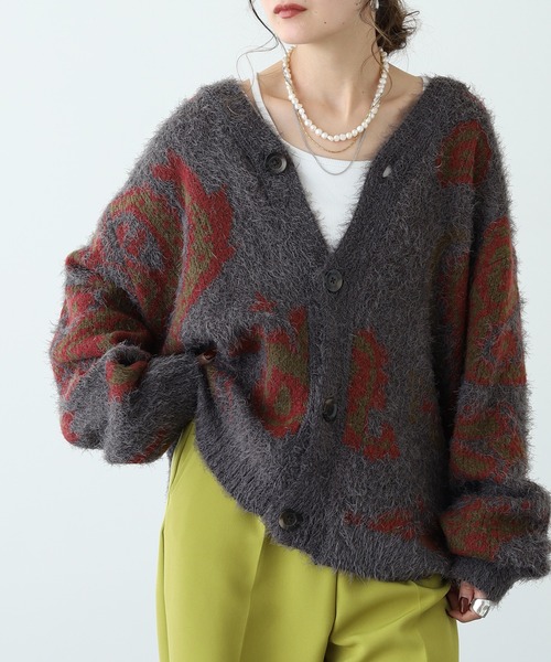 大きいサイズLL レオナール シルクウール カーディガン レオパード ペイズリー セール】CIAO ペイズリー/レオパード カーディガン（カーディガン