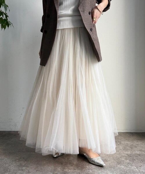 DouDou(ドゥドゥ)の「ダブルチュールスカート(スカート・レディース・グレー/ブラック/オフホワイト・FREE)」の2枚目の写真