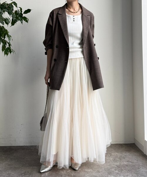 DouDou(ドゥドゥ)の「ダブルチュールスカート(スカート・レディース・グレー/ブラック/オフホワイト・FREE)」の4枚目の写真