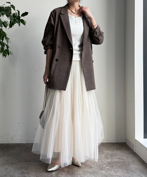 DouDou(ドゥドゥ)の「ダブルチュールスカート(スカート・レディース・グレー/ブラック/オフホワイト・FREE)」の5枚目の写真