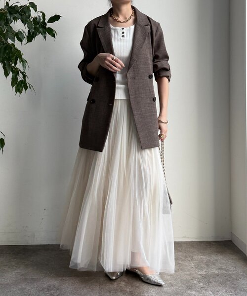 DouDou(ドゥドゥ)の「ダブルチュールスカート(スカート・レディース・グレー/ブラック/オフホワイト・FREE)」の6枚目の写真