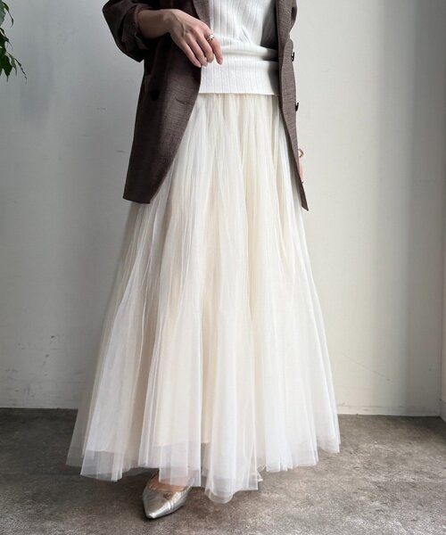 DouDou(ドゥドゥ)の「ダブルチュールスカート(スカート・レディース・グレー/ブラック/オフホワイト・FREE)」の9枚目の写真