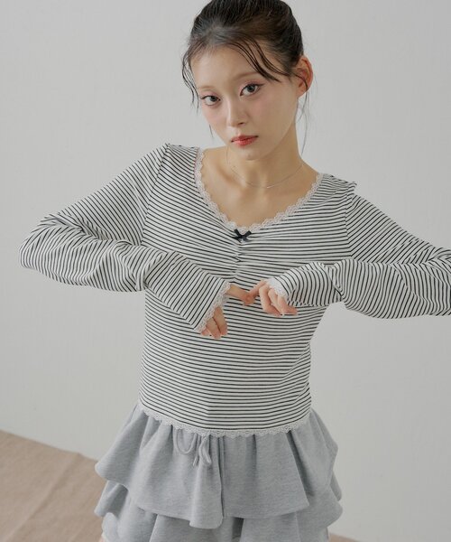 Chico（チコ）の「前後2wayレースギャザーロンT（Tシャツ/カットソー・レディース・ピンク/グレー/アイボリー/ブラック・FREE）」の9枚目の写真