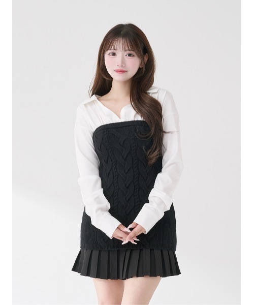 シャツドッキングプリーツニットミニワンピース（ワンピース）｜Darich