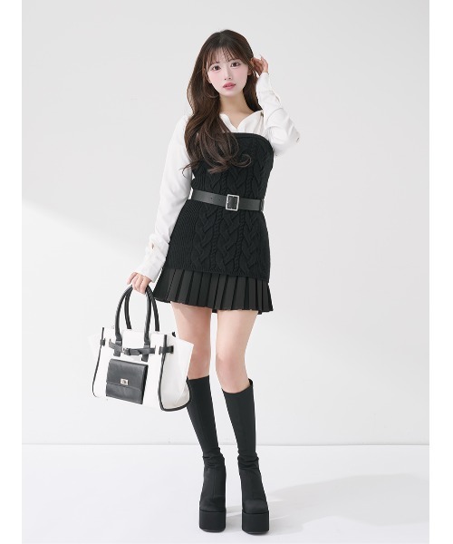 シャツドッキングプリーツニットミニワンピース（ワンピース）｜Darich