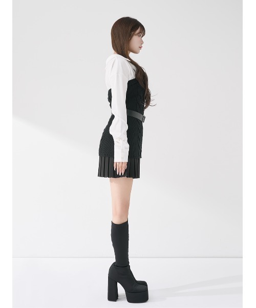 大人完売品Darichシャツドッキングプリーツニットミニワンピース　BEG シャツドッキングプリーツニットミニワンピース（ワンピース）｜Darich