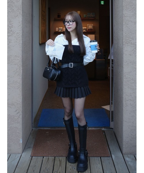 大人完売品Darichシャツドッキングプリーツニットミニワンピース　BEG シャツドッキングプリーツニットミニワンピース（ワンピース）｜Darich