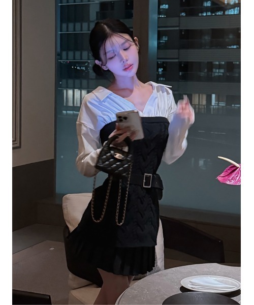 シャツドッキングプリーツニットミニワンピース（ワンピース）｜Darich