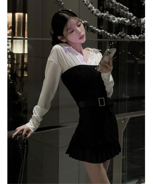 新品 Darich ダーリッチ シャツドッキングプリーツニットミニワンピース シャツドッキングプリーツニットミニワンピース（ワンピース）｜Darich