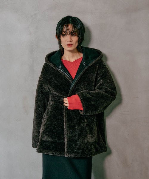 リバーシブルムートンボアポンチョコート 601535（ムートンコート