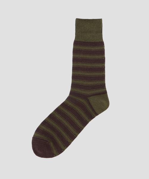 MHL.(エムエイチエル)の「NARROW STRIPE COTTON SOCKS(ソックス/靴下・メンズ・カーキ/ブラック・FREE)」の2枚目の写真