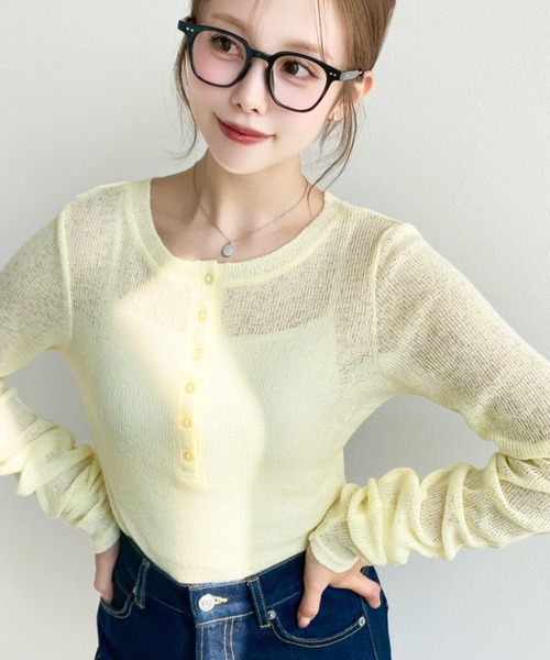 moment+(モーメントプラス)の「メランジシアーカットソー袖シャーリング長袖ヘンリートップス(Tシャツ/カットソー・レディース・イエロー/ピンク/ブラック/ブルー/グレー/オフホワイト・M)」の5枚目の写真