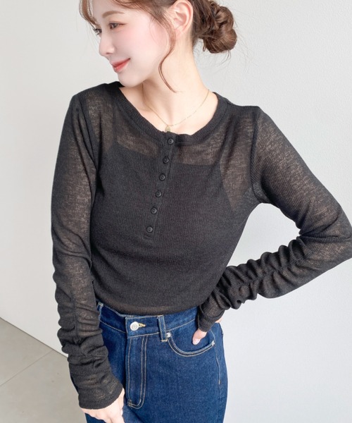 moment+(モーメントプラス)の「メランジシアーカットソー袖シャーリング長袖ヘンリートップス(Tシャツ/カットソー・レディース・イエロー/ピンク/ブラック/ブルー/グレー/オフホワイト・M)」の19枚目の写真