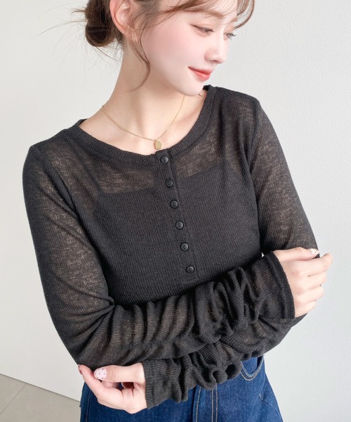 moment+(モーメントプラス)の「メランジシアーカットソー袖シャーリング長袖ヘンリートップス(Tシャツ/カットソー・レディース・イエロー/ピンク/ブラック/ブルー/グレー/オフホワイト・M)」の18枚目の写真