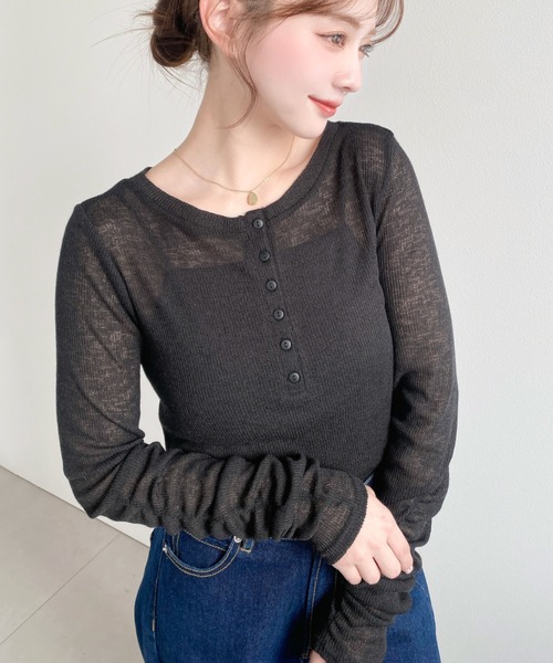 moment+(モーメントプラス)の「メランジシアーカットソー袖シャーリング長袖ヘンリートップス(Tシャツ/カットソー・レディース・イエロー/ピンク/ブラック/ブルー/グレー/オフホワイト・M)」の16枚目の写真
