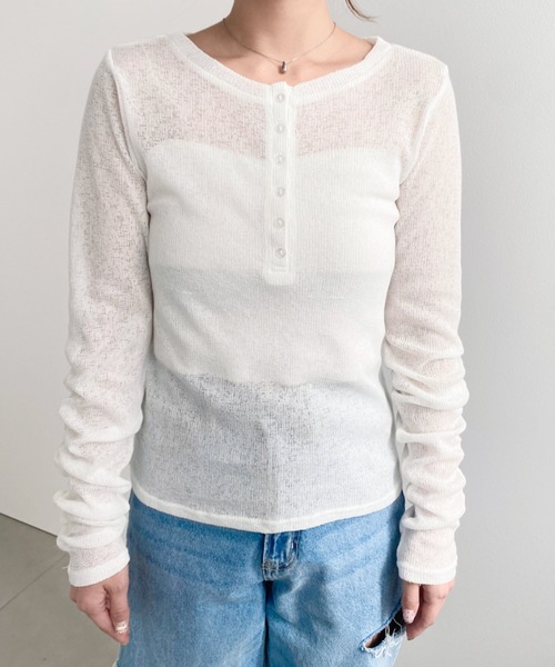 moment+(モーメントプラス)の「メランジシアーカットソー袖シャーリング長袖ヘンリートップス(Tシャツ/カットソー・レディース・イエロー/ピンク/ブラック/ブルー/グレー/オフホワイト・M)」の11枚目の写真