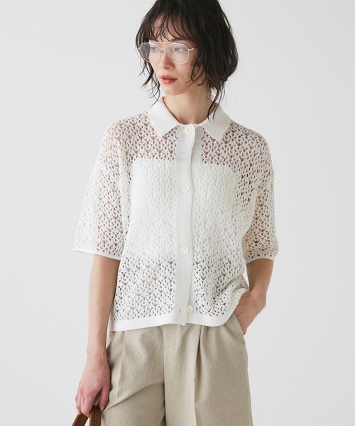 BABYLONE（バビロン）の「レースニットポロ（ポロシャツ・レディース・ホワイト/ブラック・フリー）」の2枚目の写真