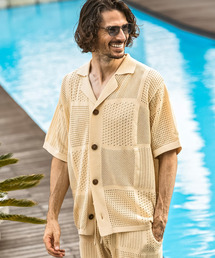 1PIU1UGUALE3  RELAX （ウノピゥウノウグァーレトレ リラックス）の「1PIU1UGUALE3 RELAX(ウノピゥウノウグァーレトレ リラックス)ブロックメッシュ ニットオープンカラーシャツ（シャツ/ブラウス）」