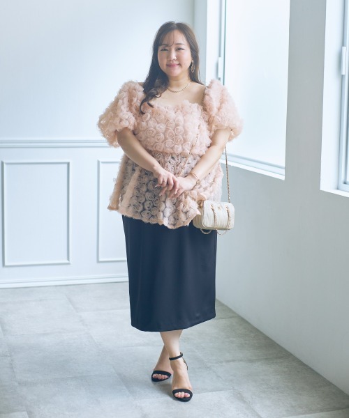 SMILE LAND（スマイルランド）の「＜大きいサイズ＞【らめちゃんコラボ】２点セット(オーガンジーオーバースカート+タイトスカート)（スカート・レディース・ピンク/ブラック・4L/3L/LL/L/5L）」の4枚目の写真