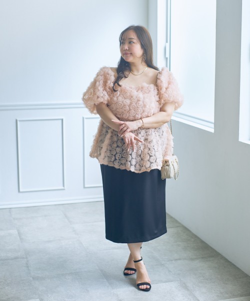 SMILE LAND（スマイルランド）の「＜大きいサイズ＞【らめちゃんコラボ】２点セット(オーガンジーオーバースカート+タイトスカート)（スカート・レディース・ピンク/ブラック・4L/3L/LL/L/5L）」の5枚目の写真