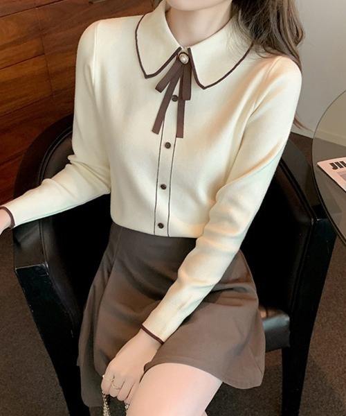 SallyLunn(サリーラン)の「配色ラインリボンタイ ニットトップス(ニット/セーター・レディース・ブラック/アイボリー・FREE)」の2枚目の写真