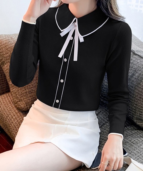 SallyLunn(サリーラン)の「配色ラインリボンタイ ニットトップス(ニット/セーター・レディース・ブラック/アイボリー・FREE)」の8枚目の写真