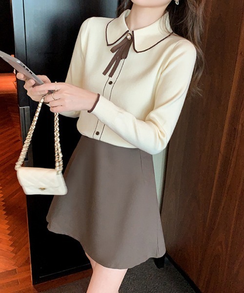 SallyLunn(サリーラン)の「配色ラインリボンタイ ニットトップス(ニット/セーター・レディース・ブラック/アイボリー・FREE)」の14枚目の写真