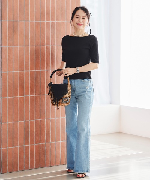 &BLOOM(アンドブルーム)の「UVカット ボートネック トップス バストパッド付 &BLOOM(アンドブルーム)(Tシャツ/カットソー・レディース・ブラック/ホワイト/ブラック×ホワイト・フリー)」の6枚目の写真