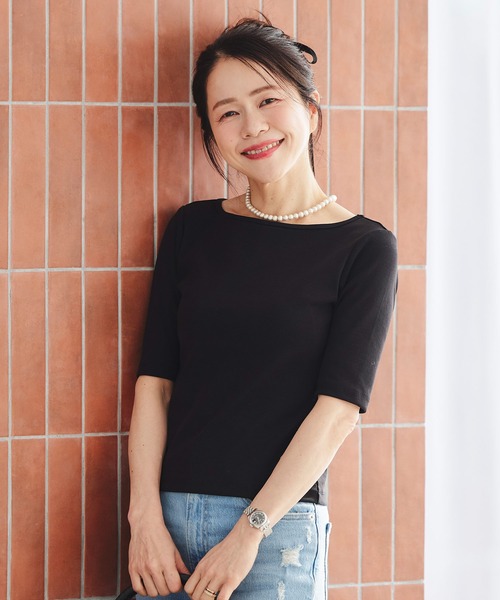 &BLOOM(アンドブルーム)の「UVカット ボートネック トップス バストパッド付 &BLOOM(アンドブルーム)(Tシャツ/カットソー・レディース・ブラック/ホワイト/ブラック×ホワイト・フリー)」の10枚目の写真