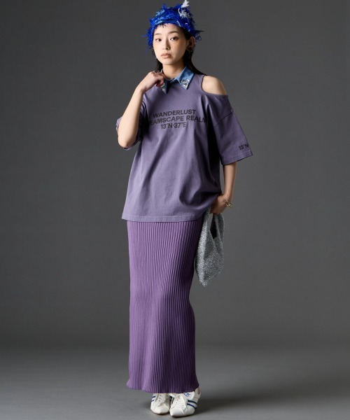 GEVS.(ジェイヴィス)の「綿100%ピグメント染ショルダーカットロゴプリントTシャツ<大きいサイズ有>GEVS.(Tシャツ/カットソー・レディース・パープル/チャコール・3L/LL/L/M/5L/4L)」の7枚目の写真