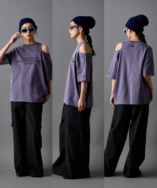 GEVS.(ジェイヴィス)の「綿100%ピグメント染ショルダーカットロゴプリントTシャツ<大きいサイズ有>GEVS.(Tシャツ/カットソー・レディース・パープル/チャコール・3L/LL/L/M/5L/4L)」の13枚目の写真