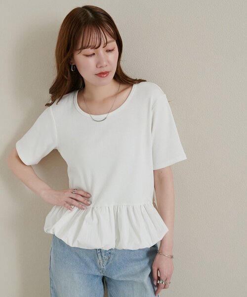 DISCOAT(ディスコート)の「リブ裾バルーン5分袖プルオーバー(Tシャツ/カットソー・レディース・ブラック/オフホワイト/ネイビー/ライトグレー/グレー/ブラック系その他・FREE)」の2枚目の写真