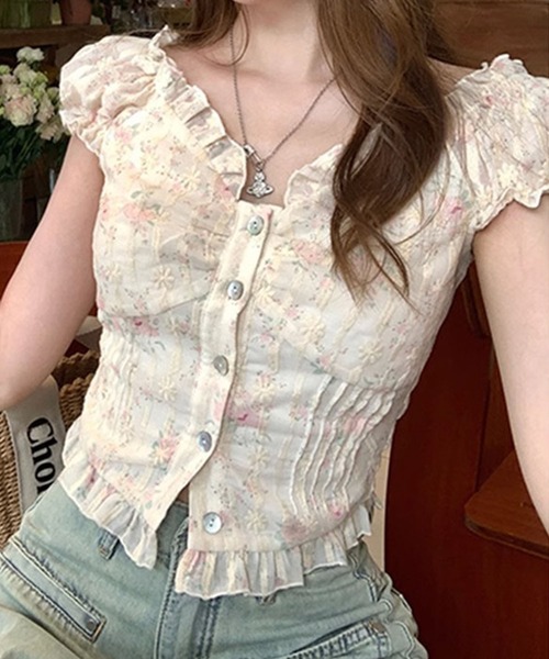 meJane(ミージェーン)の「花柄刺繍 フリル半袖ブラウス(シャツ/ブラウス・レディース・アイボリー・L/M/S)」の4枚目の写真