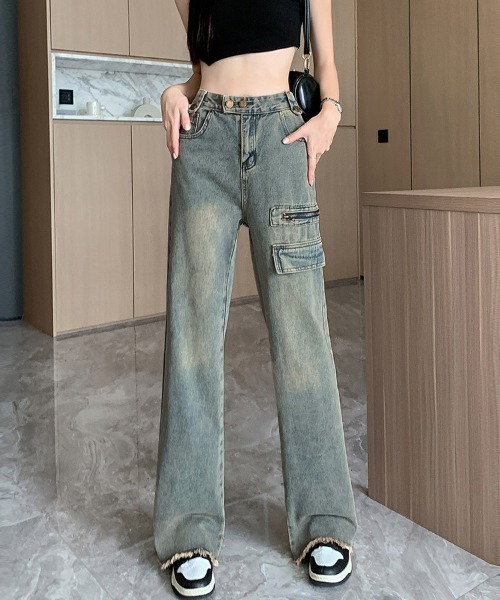 shoppinggo(ショッピングゴー)の「フレアパンツ デニムパンツ レディース デニム ジーンズ ハイウエスト ダメージ加工 おしゃれ スリム 美脚効果(デニムパンツ・レディース・ブルー・M/L)」の1枚目の写真