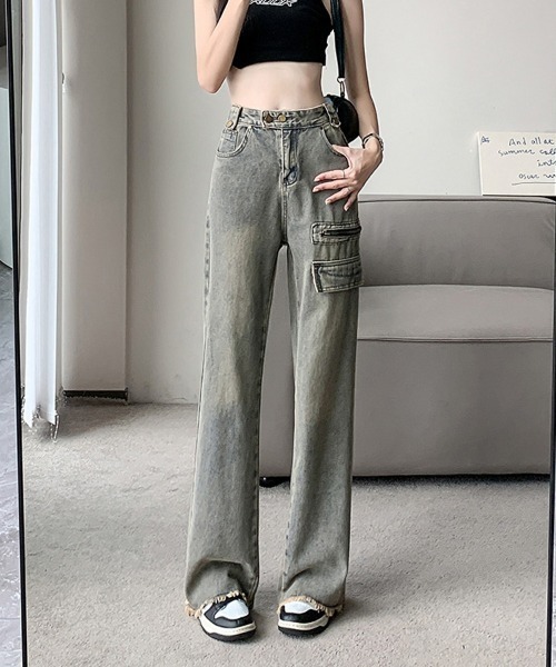 shoppinggo(ショッピングゴー)の「フレアパンツ デニムパンツ レディース デニム ジーンズ ハイウエスト ダメージ加工 おしゃれ スリム 美脚効果(デニムパンツ・レディース・ブルー・M/L)」の3枚目の写真