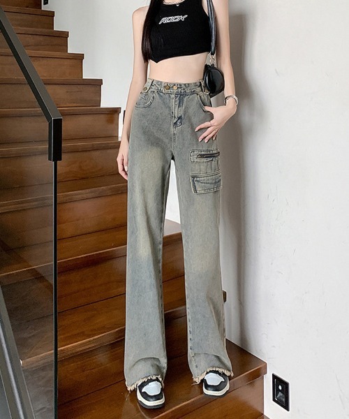 shoppinggo(ショッピングゴー)の「フレアパンツ デニムパンツ レディース デニム ジーンズ ハイウエスト ダメージ加工 おしゃれ スリム 美脚効果(デニムパンツ・レディース・ブルー・M/L)」の6枚目の写真
