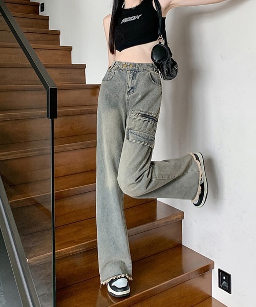 shoppinggo(ショッピングゴー)の「フレアパンツ デニムパンツ レディース デニム ジーンズ ハイウエスト ダメージ加工 おしゃれ スリム 美脚効果(デニムパンツ・レディース・ブルー・M/L)」の8枚目の写真