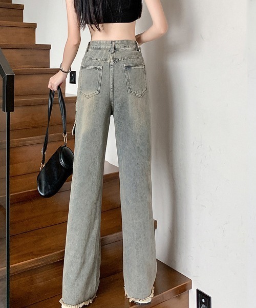 shoppinggo(ショッピングゴー)の「フレアパンツ デニムパンツ レディース デニム ジーンズ ハイウエスト ダメージ加工 おしゃれ スリム 美脚効果(デニムパンツ・レディース・ブルー・M/L)」の9枚目の写真