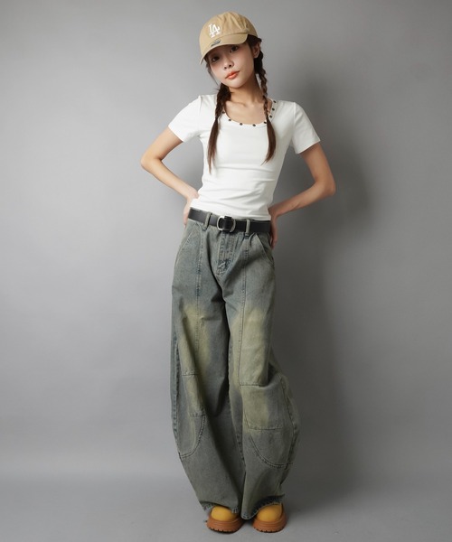 SPINNS(スピンズ)の「さりげないスタッズで差をつける★万能半袖カットソー(Tシャツ/カットソー・レディース・ブラック/グレー/オフホワイト/パープル・ONESIZE)」の14枚目の写真