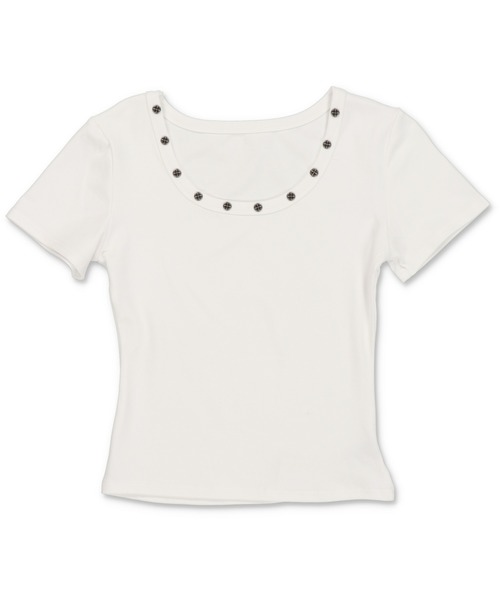 SPINNS(スピンズ)の「さりげないスタッズで差をつける★万能半袖カットソー(Tシャツ/カットソー・レディース・ブラック/グレー/オフホワイト/パープル・ONESIZE)」の10枚目の写真