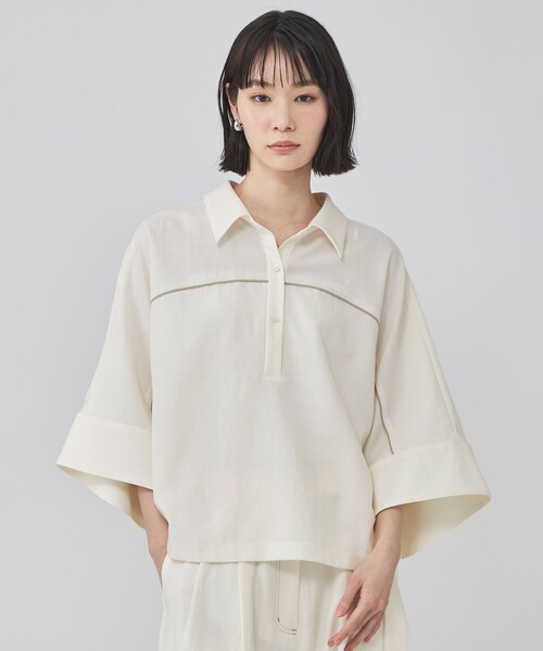 CAST:(キャストコロン)の「【接触冷感・着用しわ軽減・UV対策】スキッパーブラウス(シャツ/ブラウス・レディース・ブラウン系その他5/ネイビー/オフホワイト・M)」の2枚目の写真
