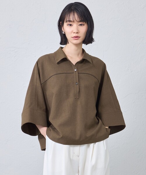CAST:(キャストコロン)の「【接触冷感・着用しわ軽減・UV対策】スキッパーブラウス(シャツ/ブラウス・レディース・ブラウン系その他5/ネイビー/オフホワイト・M)」の3枚目の写真