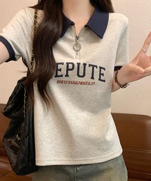 襟付きハーフジップTシャツ ロゴ 半袖 配色デザイン ゆったり