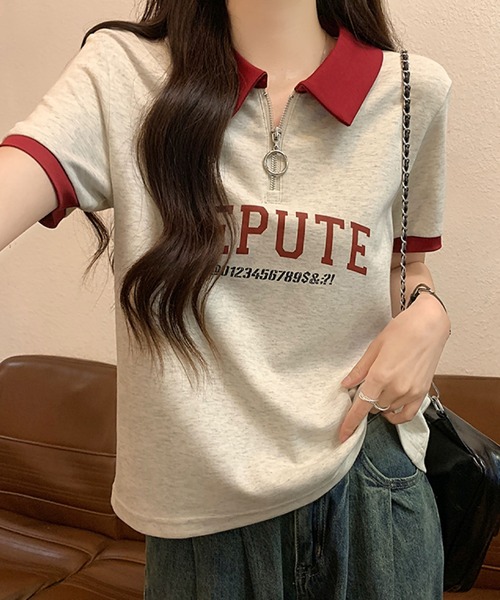 2ly2(トゥーリートゥー)の「襟付きハーフジップTシャツ ロゴ 半袖 配色デザイン ゆったり(Tシャツ/カットソー・レディース・ボルドー/ネイビー・FREE)」の12枚目の写真