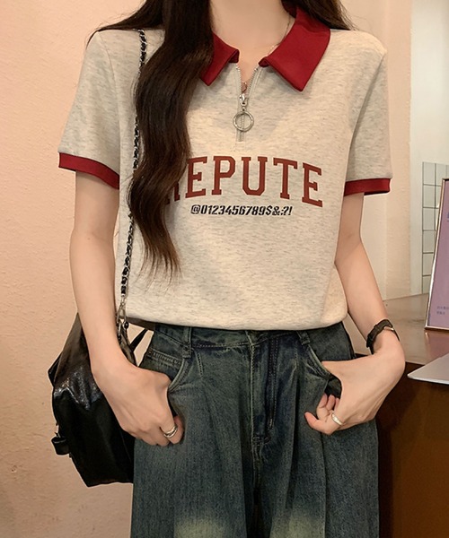 2ly2(トゥーリートゥー)の「襟付きハーフジップTシャツ ロゴ 半袖 配色デザイン ゆったり(Tシャツ/カットソー・レディース・ボルドー/ネイビー・FREE)」の16枚目の写真