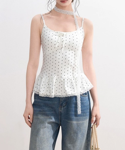 Miniministore(ミニミニストア)の「ドット柄キャミソール レースタイ付き夏服(キャミソール・レディース・ブラウン/ホワイト/グレー/ブラック・FREE)」の1枚目の写真
