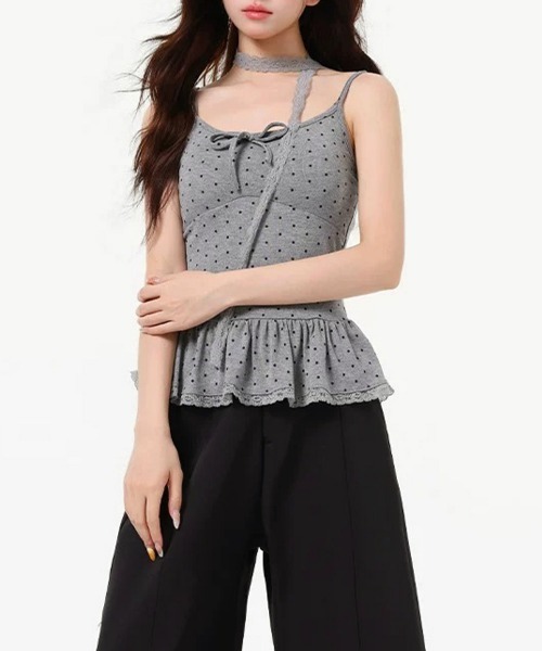 Miniministore(ミニミニストア)の「ドット柄キャミソール レースタイ付き夏服(キャミソール・レディース・ブラウン/ホワイト/グレー/ブラック・FREE)」の7枚目の写真